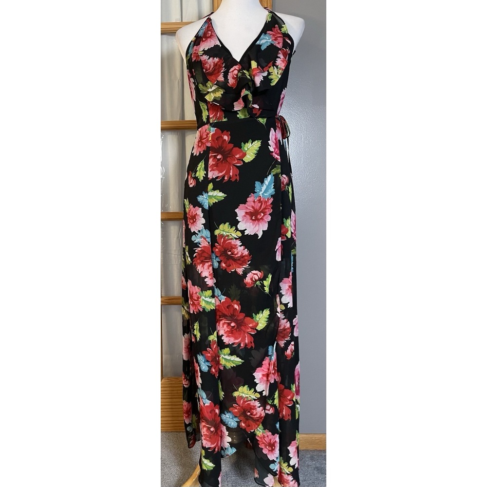XOXO Floral Chiffon Wrap Maxi Dress S Ruffles Crisscross Straps Boho